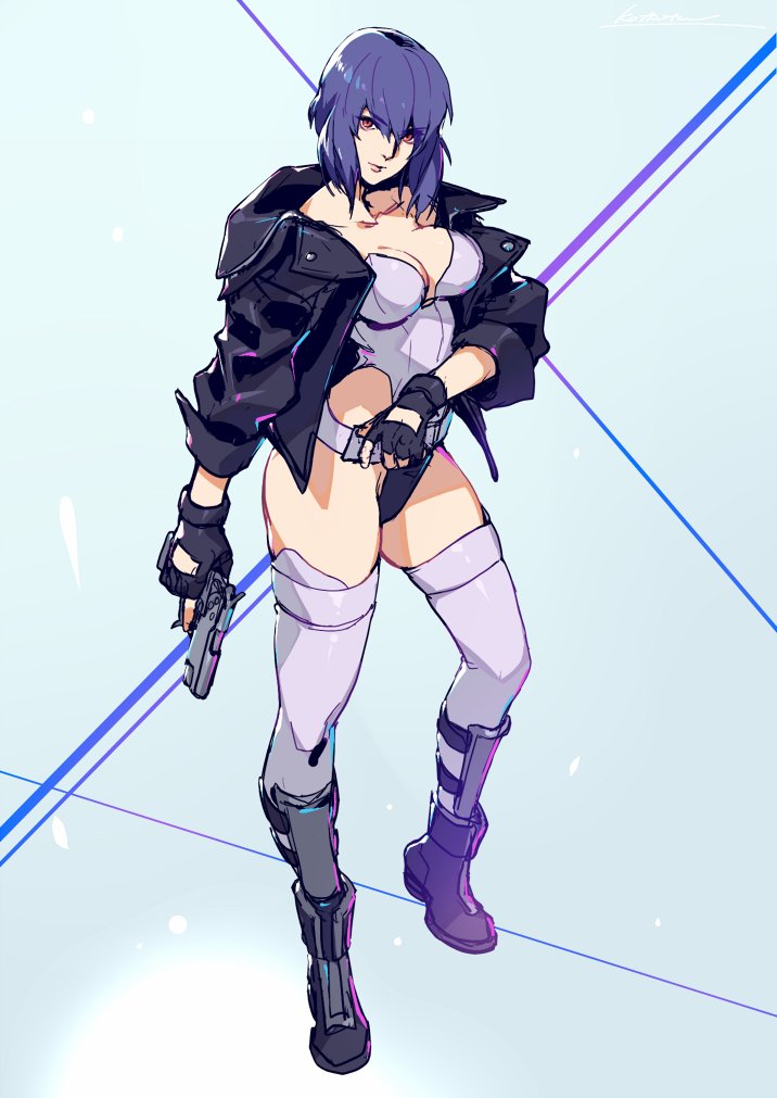 1girl bangs belt breasts closed_mouth commentary_request fingerless_gloves full_body ghost_in_the_shell ghost_in_the_shell_stand_alone_complex gloves gun highleg holding holding_gun holding_weapon jacket kotatsu_(g-rough) kusanagi_motoko leotard looking_at_viewer medium_breasts open_clothes open_jacket purple_hair red_eyes short_hair smile solo standing thigh-highs weapon