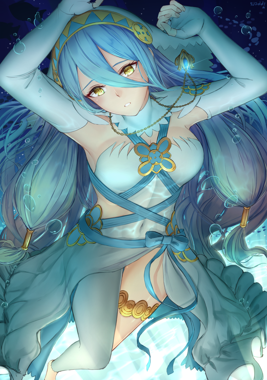 1girl armpits arms_up asymmetrical_clothes azura_(fire_emblem) bangs barefoot blue_hair bubble covered_navel detached_collar detached_sleeves dress elbow_gloves fire_emblem fire_emblem_fates gloves hair_between_eyes hair_tubes highres ippers jewelry long_hair necklace parted_lips thighs veil very_long_hair water white_dress white_gloves yellow_eyes