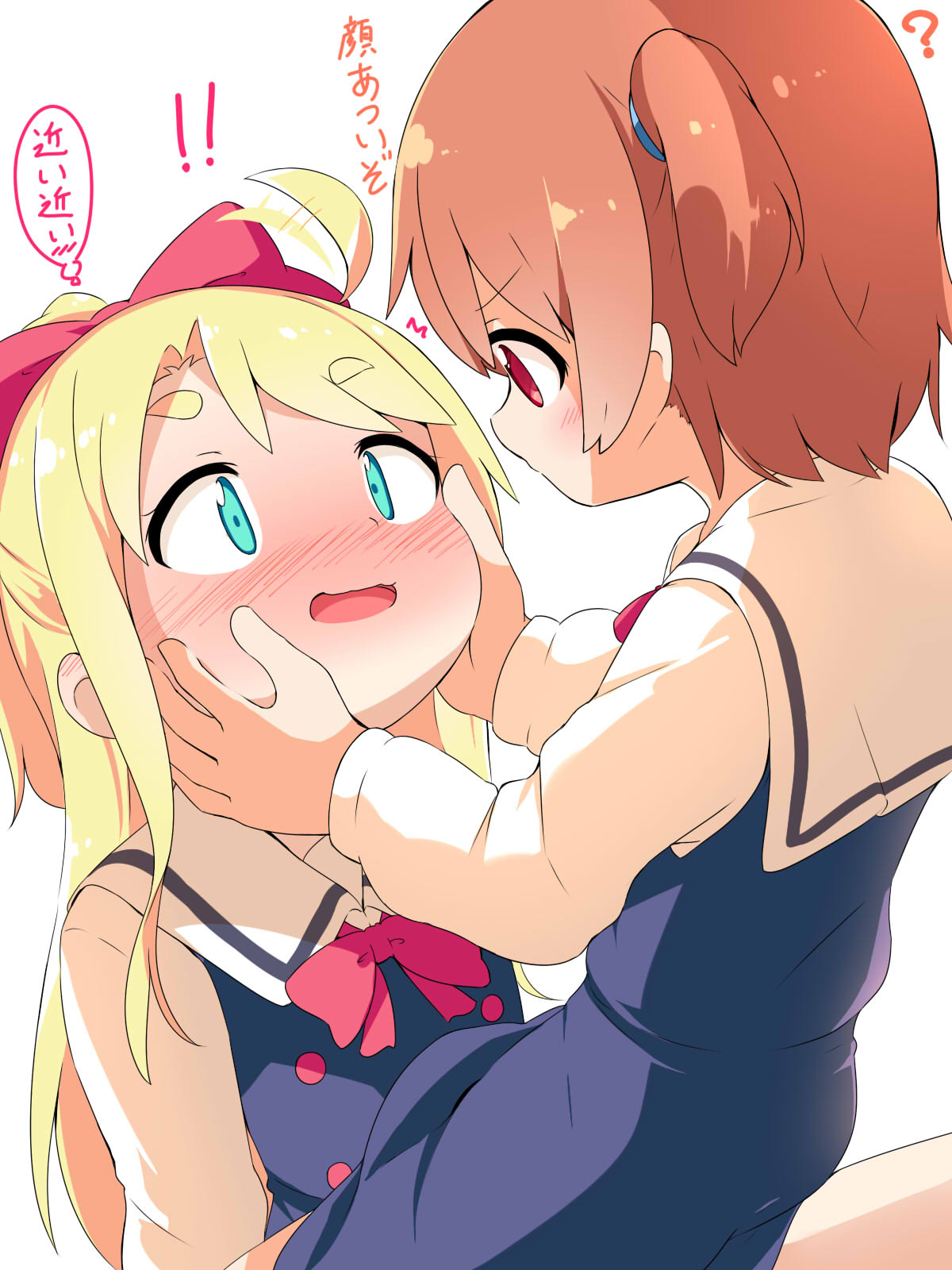 !! 2girls :d ? afterimage ahoge ahoge_wag bangs blonde_hair blue_dress blush bow brown_hair commentary dress expressive_hair eye_contact eyebrows_visible_through_hair green_eyes hair_bow hands_on_another's_face high_ponytail highres himesaka_noa hoshino_hinata long_hair long_sleeves looking_at_another makuran multiple_girls nose_blush open_mouth ponytail profile red_bow red_eyes sailor_collar sailor_dress school_uniform shirt short_eyebrows simple_background sleeveless sleeveless_dress smile thick_eyebrows translation_request very_long_hair watashi_ni_tenshi_ga_maiorita! white_background white_sailor_collar white_shirt