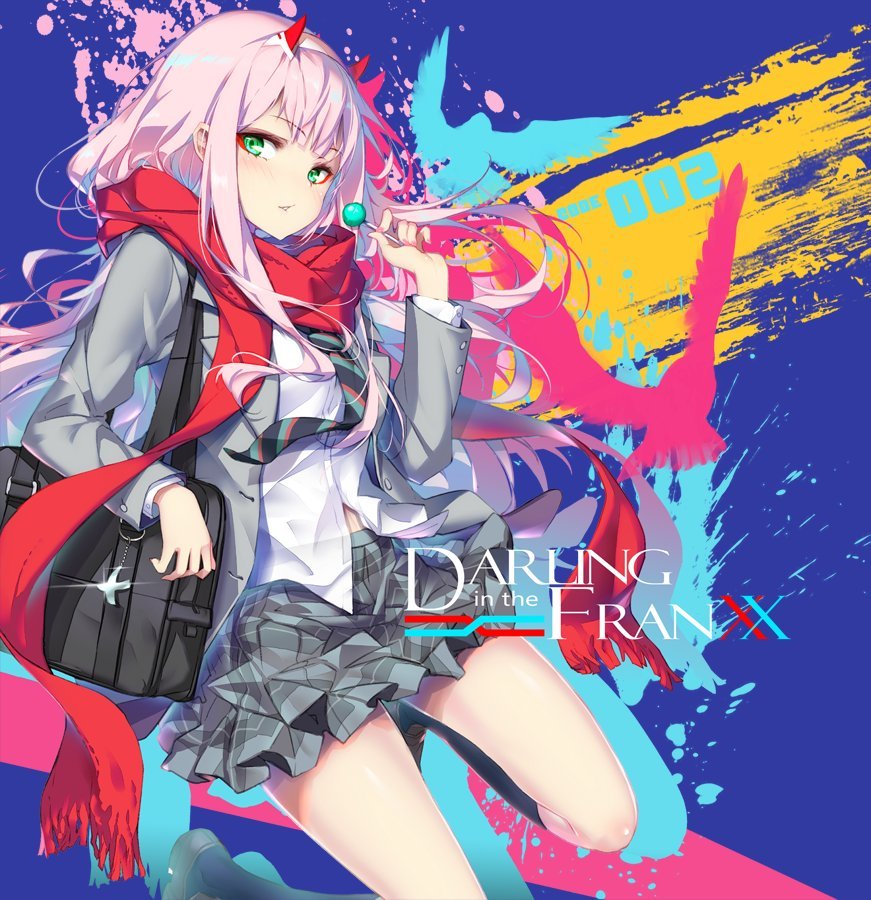 1girl bag bag_charm blush candy character_name charm_(object) copyright_name darling_in_the_franxx eyebrows_visible_through_hair eyeshadow food glint green_eyes grey_jacket grey_legwear grey_skirt holding hong_(white_spider) horns jacket lollipop long_hair long_sleeves looking_at_viewer makeup open_clothes open_jacket parted_lips pink_hair pink_nails plaid plaid_skirt red_scarf scarf school_bag school_uniform shirt shoes shoulder_bag skirt socks solo white_shirt zero_two_(darling_in_the_franxx)