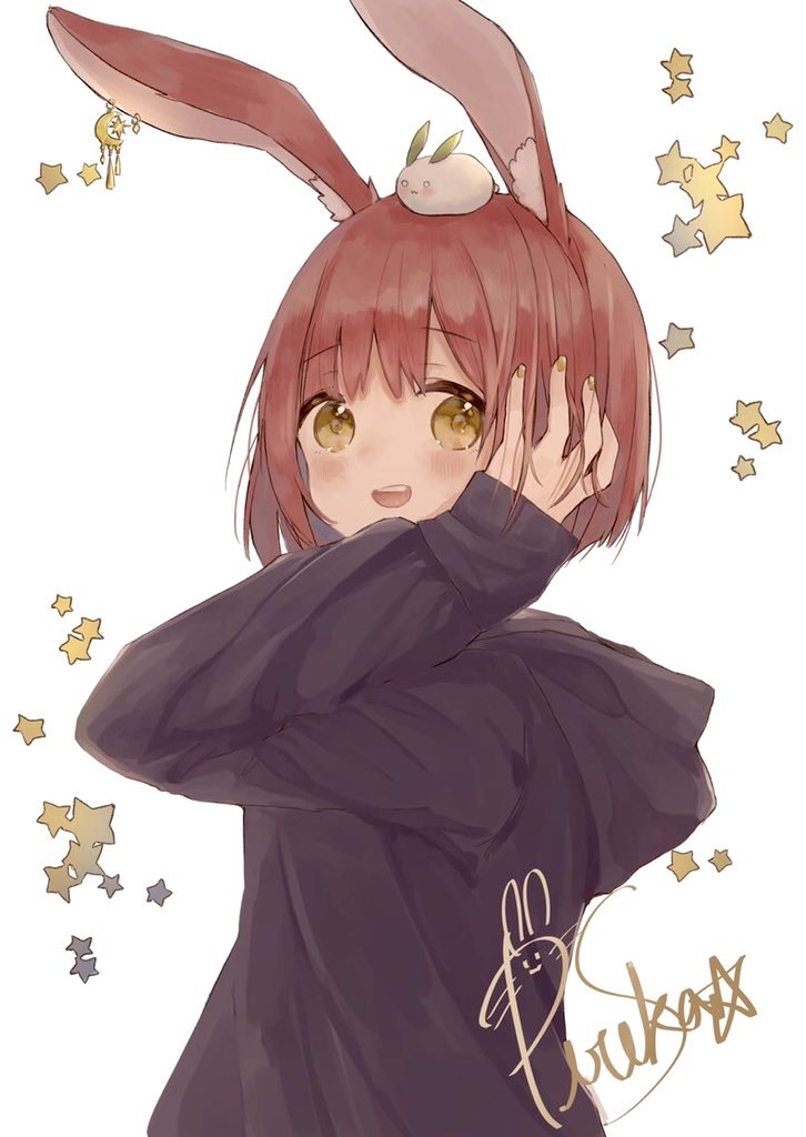 1girl :d animal_ear_fluff animal_ears bangs black_hoodie blush brown_eyes brown_hair brown_nails commentary_request eyebrows_visible_through_hair hand_in_hair hand_up hood hood_down hoodie long_sleeves nail_polish on_head open_mouth original rabbit_ears shano-pirika short_hair signature simple_background sleeves_past_wrists smile snow_bunny solo star starry_background upper_teeth white_background