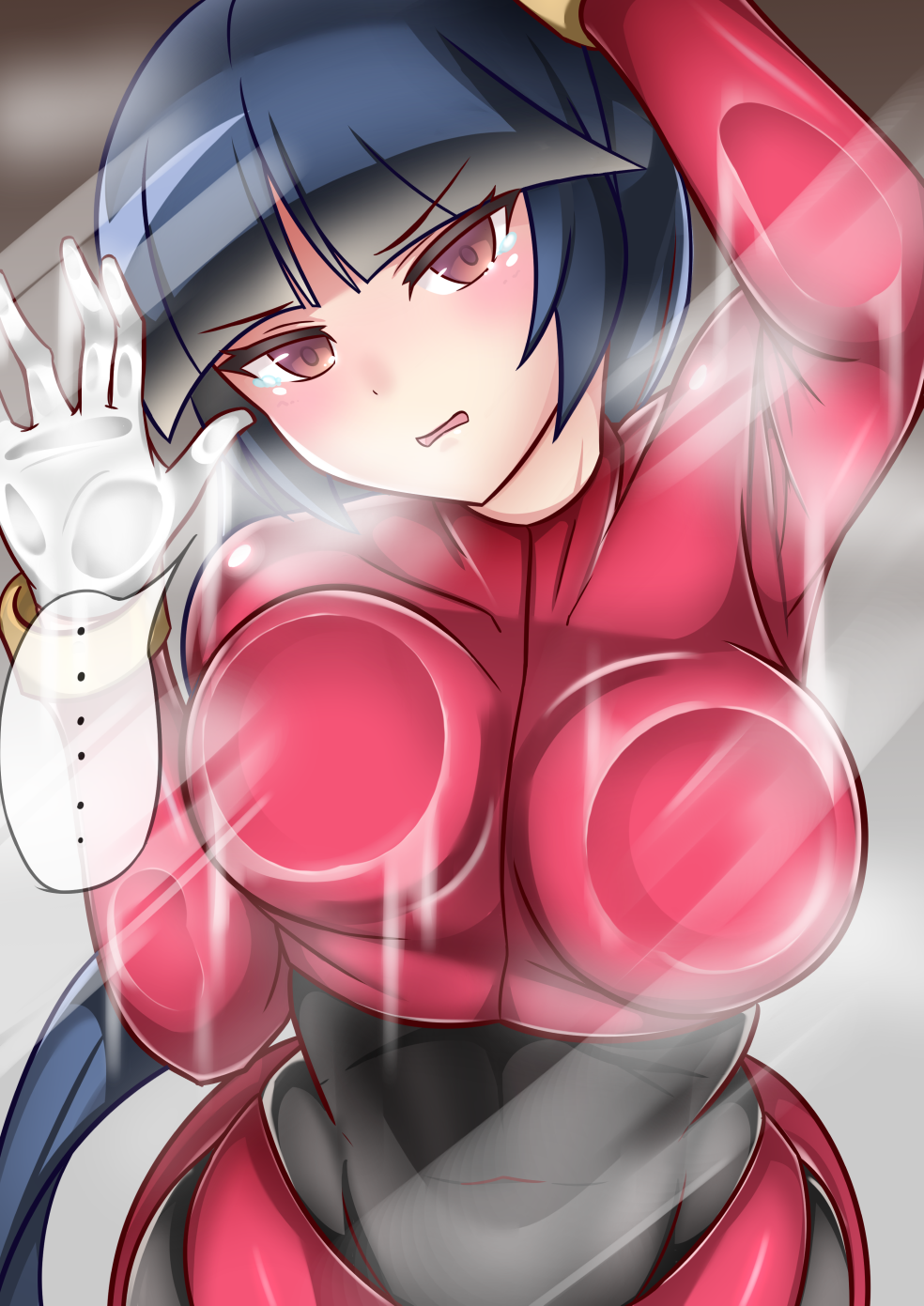 1girl against_glass black_hair blush bodystocking bodysuit breast_press breasts breasts_on_glass gloves gym_leader highres large_breasts long_hair looking_at_viewer natsume_(pokemon) pantyhose pokemon pokemon_(game) pokemon_rgby red_eyes skin_tight solo sumida_kichi