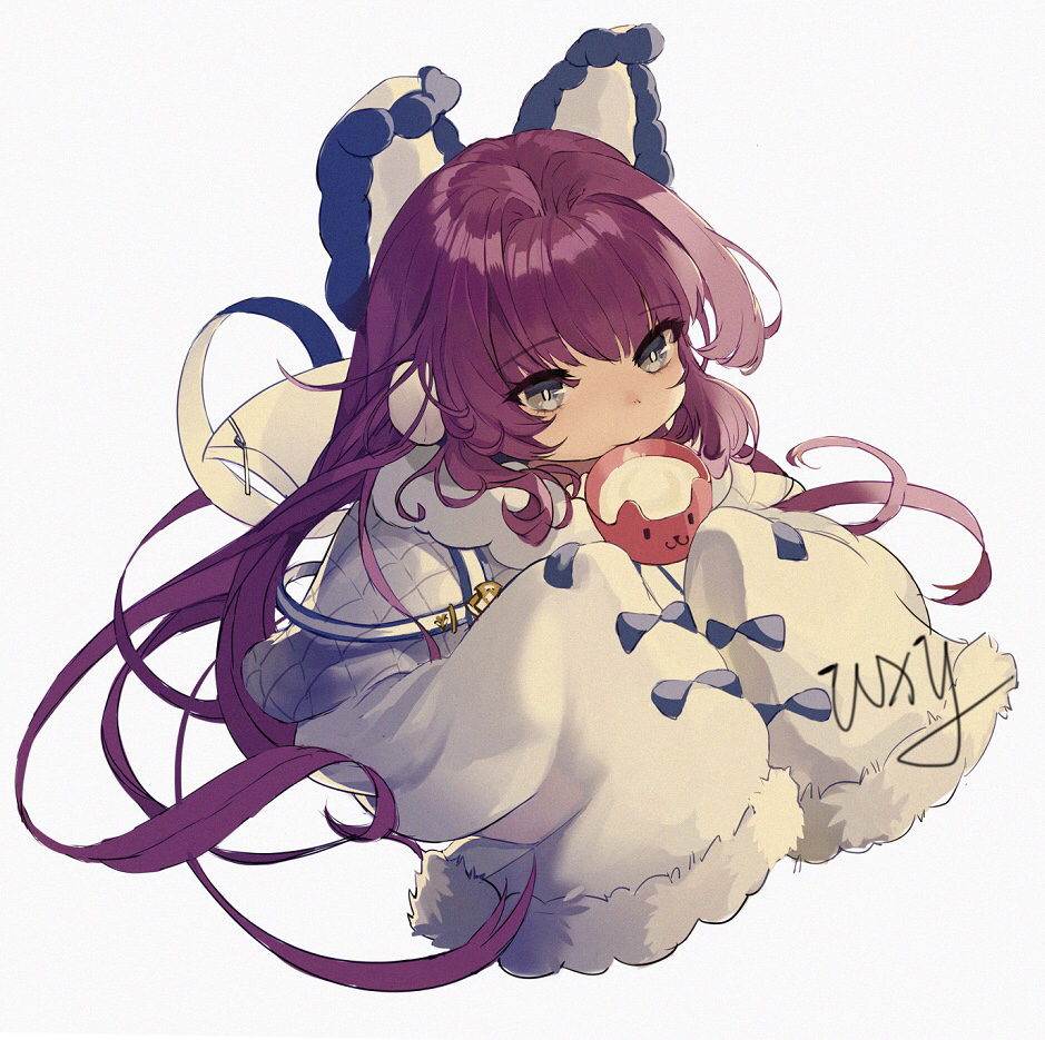 1girl alternate_eye_color animal_ears azur_lane blush coat dress earmuffs eating eyebrows_visible_through_hair fake_animal_ears fur_trim grey_eyes hair_ornament hair_ribbon long_hair long_sleeves looking_at_viewer purple_hair ribbon sleeves_past_fingers sleeves_past_wrists solo tashkent_(azur_lane) very_long_hair very_long_sleeves white_coat winter_clothes wxy