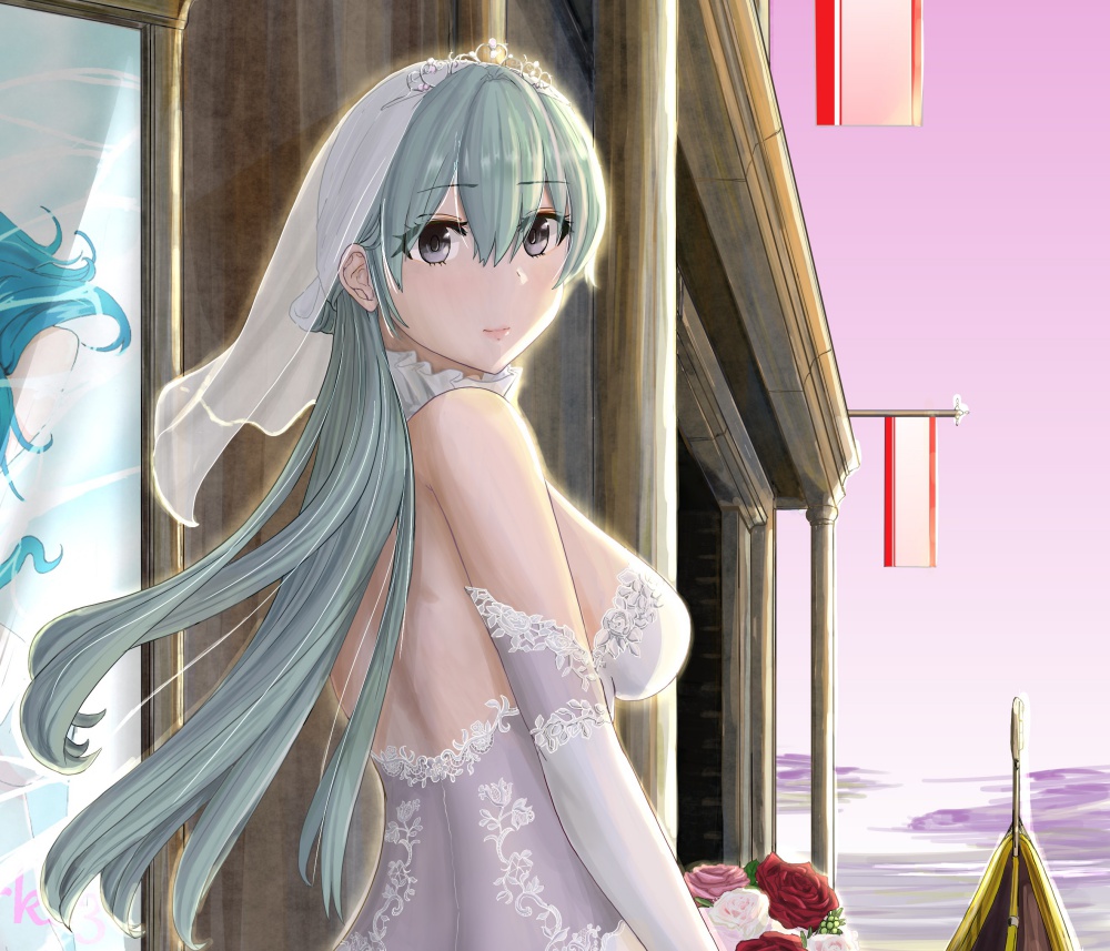 1girl aqua_hair black_eyes boat bouquet bridal_veil commentary_request dress flower gradient_sky jousanrou kantai_collection lips long_hair looking_at_viewer looking_back purple_sky rose sky solo suzuya_(kantai_collection) tiara upper_body veil water watercraft wedding_dress white_dress