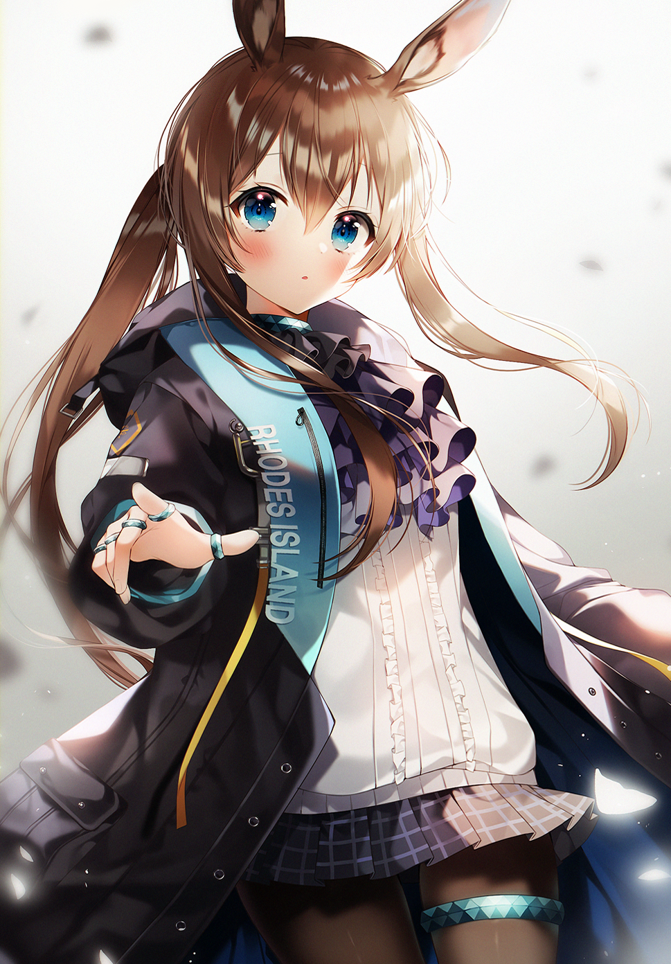 1girl amiya_(arknights) animal_ears arknights ascot black_jacket blue_eyes blue_skirt brown_hair brown_legwear clothes_writing cowboy_shot frills highres hood hood_down hooded_jacket jacket jewelry long_hair long_sleeves looking_at_viewer miniskirt multiple_rings open_clothes open_jacket pantyhose parted_lips pleated_skirt ponytail rabbit_ears ring shirt skirt solo standing thigh_strap weri white_shirt