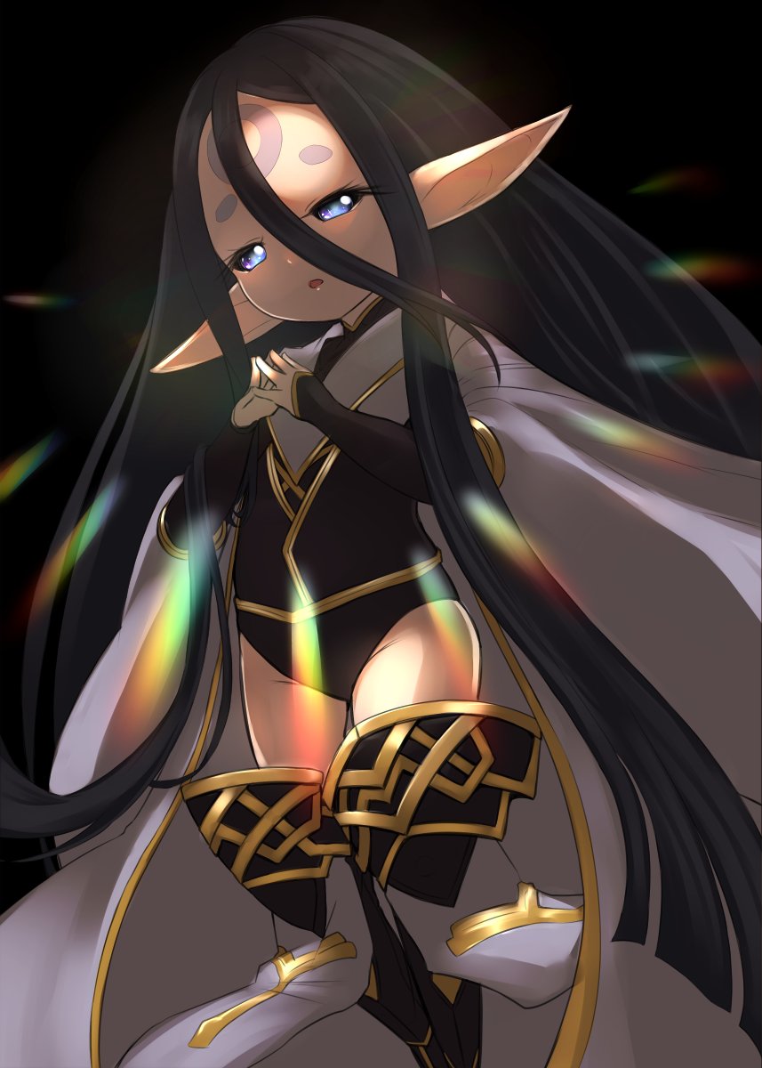 absurdly_long_hair black_hair blue_eyes fingers_together granblue_fantasy harvin harvindaisuki highres long_hair open_eyes open_mouth pointy_ears rei_(granblue_fantasy) sidelocks very_long_hair