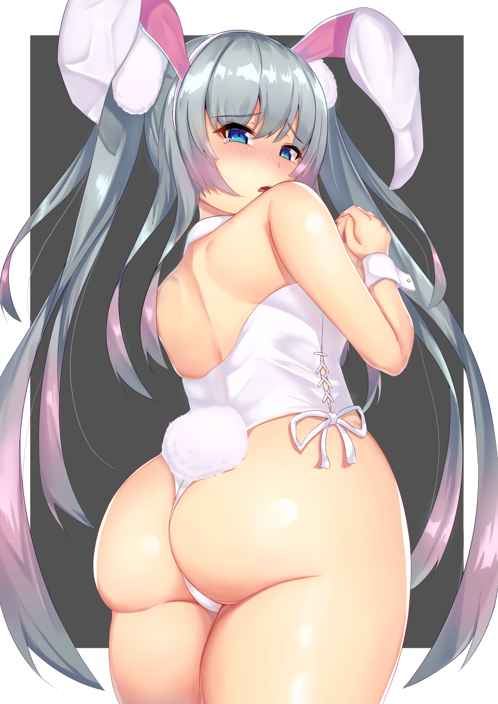 1girl alternate_costume animal_ears ass azur_lane bare_shoulders blue_eyes blush breasts bunny_girl bunny_tail bunnysuit detached_collar eyebrows_visible_through_hair fake_animal_ears grey_hair hair_between_eyes hair_ornament halsey_powell_(azur_lane) highres large_breasts long_hair looking_at_viewer looking_back multicolored_hair open_mouth purple_hair rabbit_ears silver_hair solo tail tak. twintails
