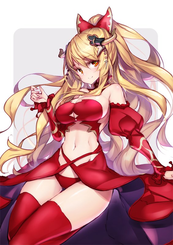 1girl bare_shoulders bikini blonde_hair bow breasts detached_sleeves granblue_fantasy hair_between_eyes hair_bow hand_up hong_(white_spider) large_breasts long_hair long_sleeves looking_at_viewer navel red_bikini red_bow red_eyes red_legwear smile solo swimsuit thigh-highs very_long_hair vira_lilie waist_cape