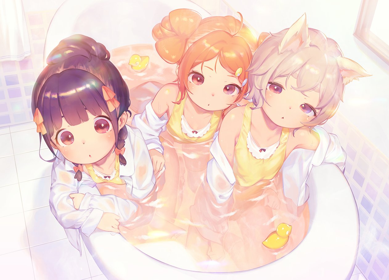 3girls :&lt; animal_ears bangs bath bathing bathtub braid brown_eyes brown_hair camisole closed_mouth collared_shirt dress_shirt eyebrows_behind_hair hair_ornament hair_ribbon hairclip henreader indoors looking_at_viewer multiple_girls open_clothes open_shirt orange_ribbon original parted_bangs parted_lips partially_submerged red_eyes ribbon rubber_duck shared_bathing shirt thick_eyebrows tile_wall tiles water wet wet_clothes white_shirt window yellow_camisole