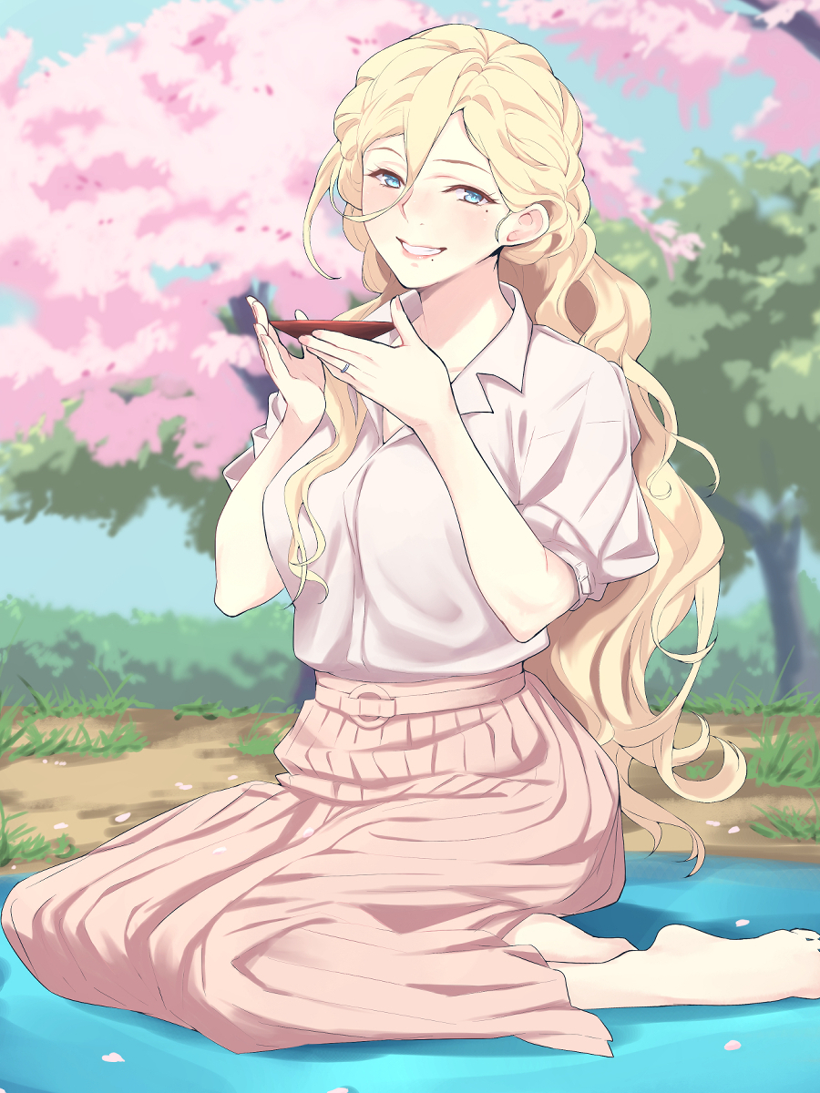 1girl alternate_costume bangs barefoot blonde_hair blue_eyes blush breasts cherry_blossoms collared_shirt cup day grin hair_between_eyes highres holding holding_cup jewelry kantai_collection lips long_hair mole mole_under_eye mole_under_mouth outdoors petals pink_skirt richelieu_(kantai_collection) ring sakazuki shingyo shirt short_sleeves sitting skirt smile solo