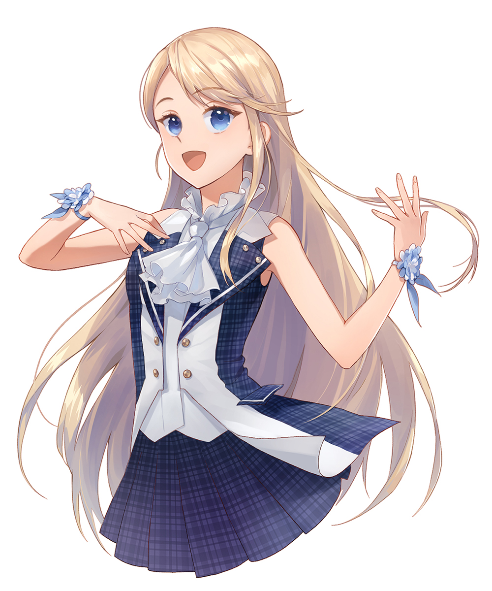 1girl :d blue_dress blue_eyes commission dress hand_up highres long_hair mabinogi open_mouth plaid plaid_dress simple_background smile solo standing tagatsu upper_body white_background white_neckwear wristband