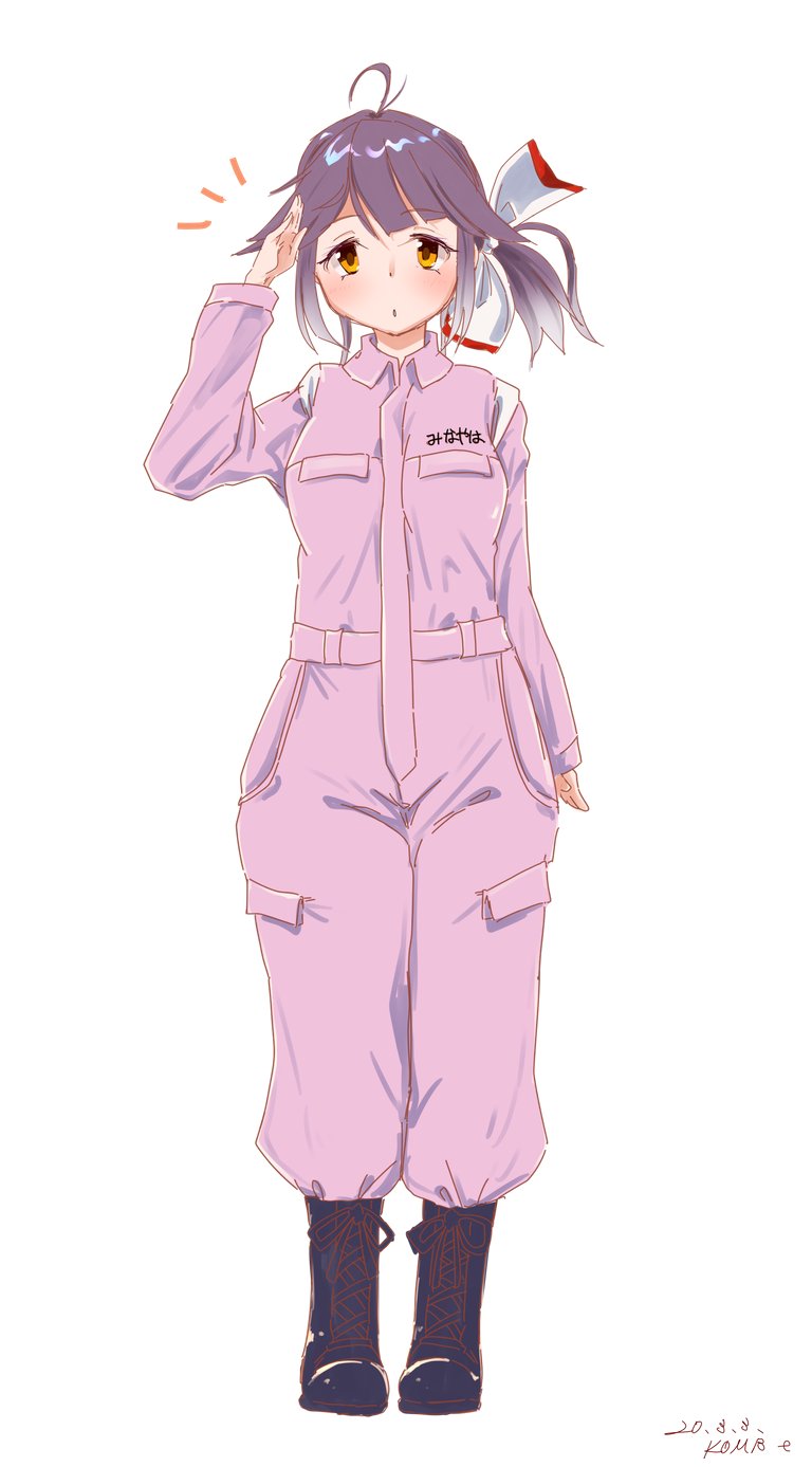 1girl ahoge alternate_costume black_footwear boots commentary_request full_body hair_ribbon hayanami_(kantai_collection) highres kantai_collection komb looking_at_viewer ponytail purple_hair purple_jumpsuit ribbon salute short_hair sidelocks simple_background solo white_background white_ribbon