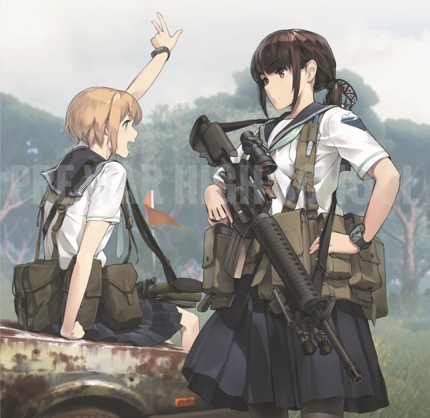 2girls arms_up assault_rifle bangs black_legwear black_ribbon black_skirt blonde_hair blurry blurry_background brown_eyes brown_hair car closed_mouth clouds cloudy_sky commentary day depth_of_field emblem english_text eyebrows_visible_through_hair green_eyes grey_sky ground_vehicle gun hair_ribbon hand_on_hip harness holding holding_gun holding_weapon long_hair miniskirt motor_vehicle multiple_girls neckerchief open_mouth original outdoors pantyhose pleated_skirt ponytail pouch ribbon rifle school_uniform scope serafuku short_hair short_sleeves sidelocks sitting skirt sky smile standing tactical_clothes tantu_(tc1995) tree trigger_discipline watch watch weapon white_neckwear