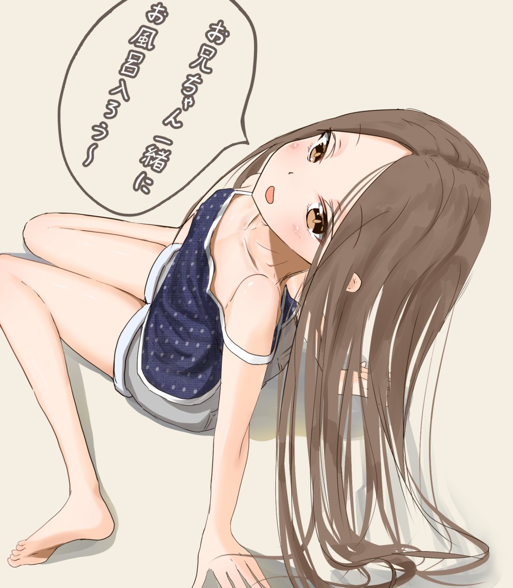 1girl bangs bare_shoulders barefoot blue_camisole blush breasts brown_eyes brown_hair collarbone feet grey_shorts head_tilt legs long_hair looking_at_viewer open_mouth original parted_bangs polka_dot sakazakinchan short_shorts shorts sitting small_breasts smile solo speech_bubble strap_slip translation_request wariza