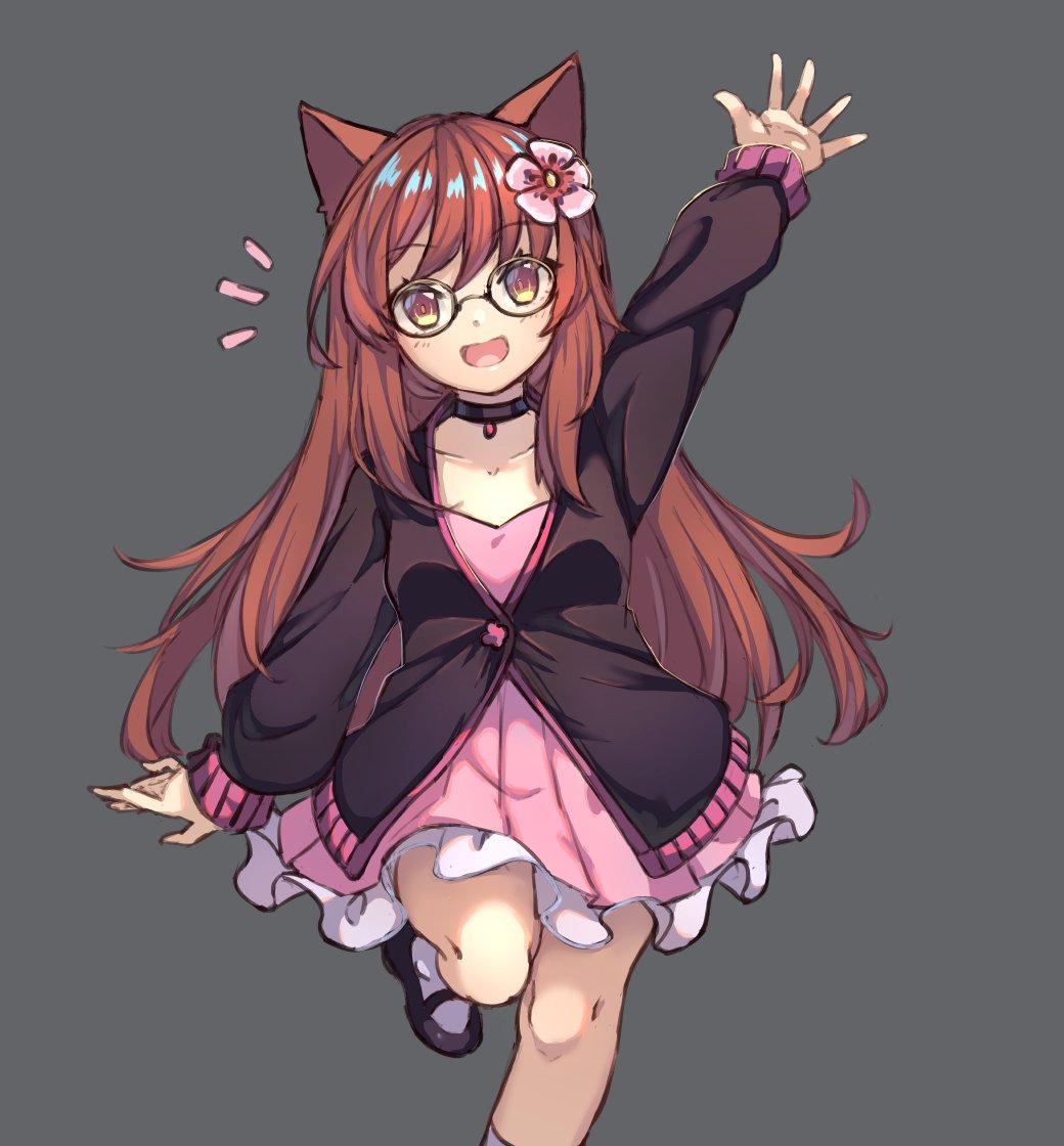 1girl :d animal_ears bangs black-framed_eyewear black_choker black_footwear black_jacket blush borrowed_character brown_eyes brown_hair choker collarbone commentary dress english_commentary eyebrows_visible_through_hair flower frilled_dress frills glasses grey_background hair_flower hair_ornament jacket long_hair long_sleeves miya_(pixiv15283026) notice_lines open_mouth original pink_dress pink_flower shoes simple_background sleeves_past_wrists smile solo standing standing_on_one_leg very_long_hair white_legwear