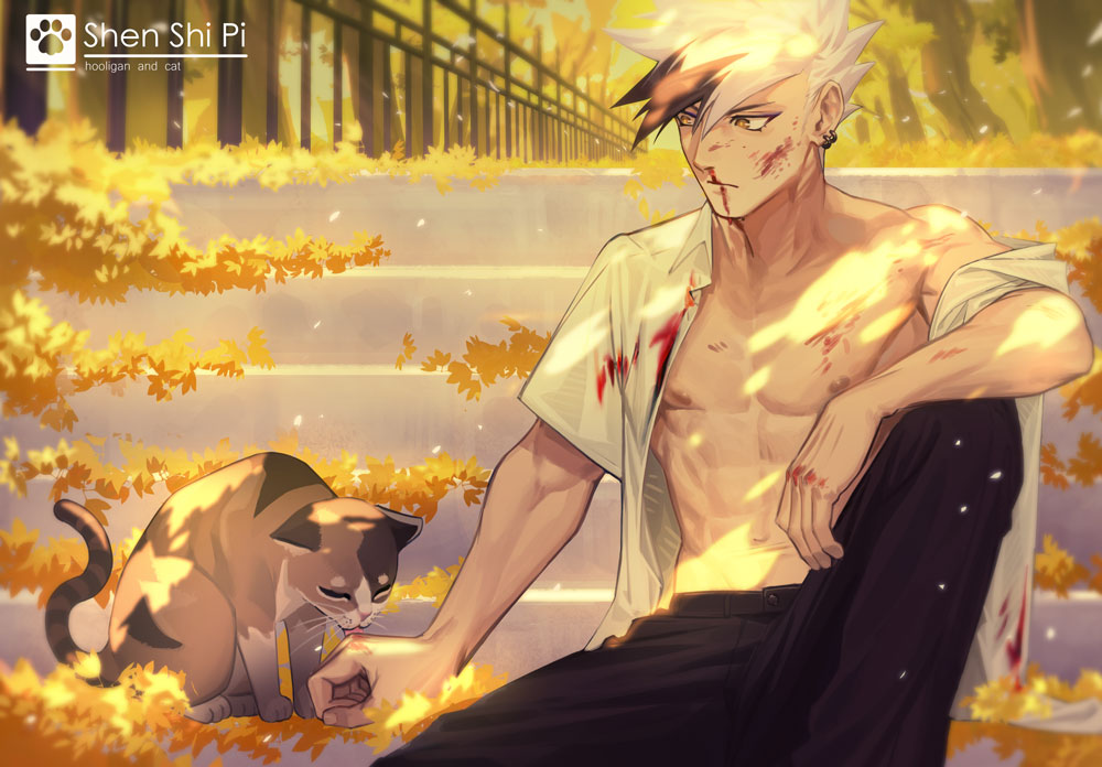 1boy abs bare_shoulders black_hair blood bloody_clothes cat closed_eyes closed_mouth earrings fingernails injury jewelry licking male_focus multicolored multicolored_hair muscle navel nipples open_eyes original outdoors scratches signature sitting snakeping tree white_hair yellow_eyes