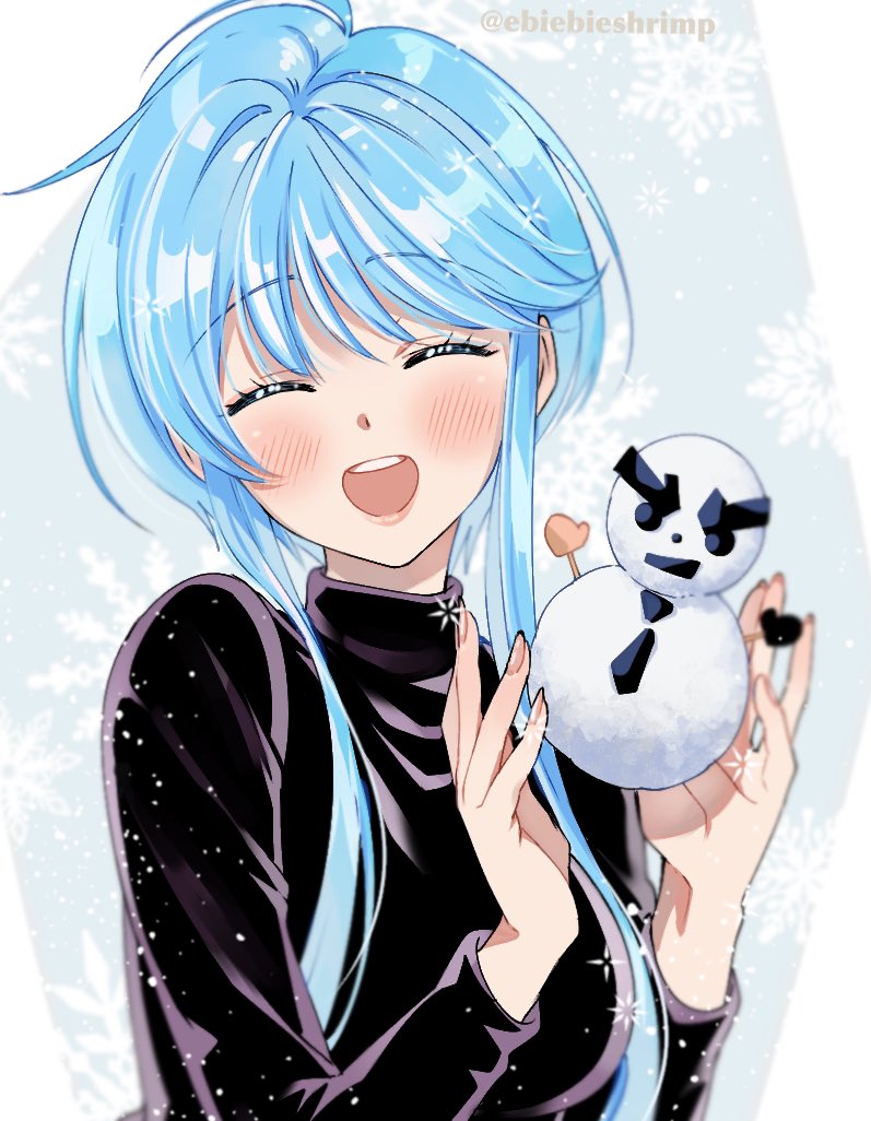 1girl aqua_hair black_shirt blush breasts closed_eyes eyebrows_visible_through_hair jigoku_sensei_nube lips long_sleeves looking_at_viewer medium_breasts open_mouth shirt short_hair_with_long_locks shuri_(84k) sidelocks simple_background smile snowflake_background snowman solo turtleneck twitter_username upper_body white_background yukime_(jigoku_sensei_nube)