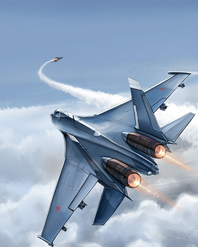 aerial_battle afterburner aircraft airplane battle clouds condensation_trail dogfight explosion fighter_jet flying graphite_(medium) jet kcme military military_vehicle missile original sky su-27 traditional_media weapon