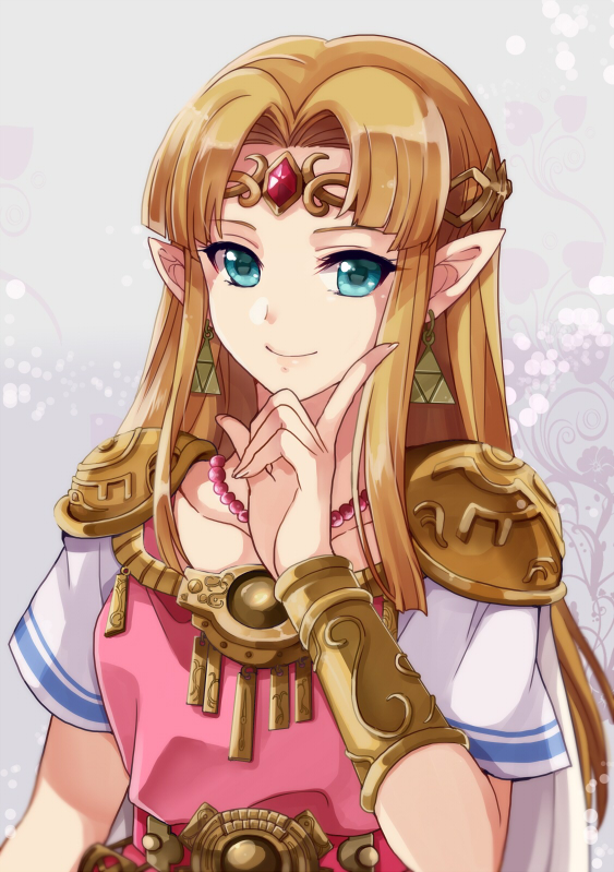 1girl bangs blonde_hair blue_eyes breasts circlet collarbone dress earrings grey_background index_finger_raised jewelry konoha2014 lips long_hair looking_at_viewer necklace parted_bangs pearl_necklace pointy_ears princess_zelda short_sleeves shoulder_armor sidelocks small_breasts smile solo straight_hair super_smash_bros. the_legend_of_zelda the_legend_of_zelda:_a_link_between_worlds triforce upper_body vambraces