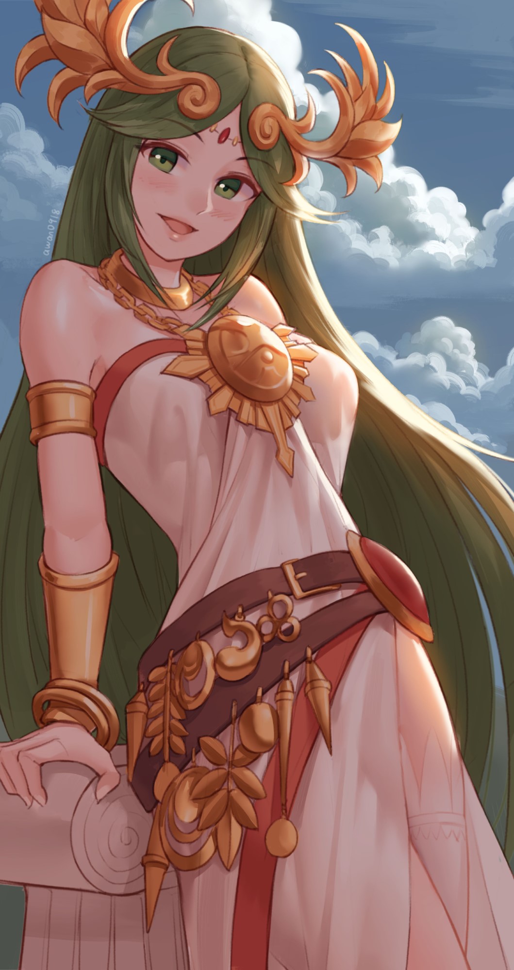 1girl armlet artist_name awan0918 belt blue_sky clouds commentary dress eyebrows_visible_through_hair green_eyes green_hair headdress highres jewelry kid_icarus kid_icarus_uprising leaning_back long_hair looking_at_viewer necklace open_mouth palutena sky smile strapless strapless_dress thigh-highs very_long_hair watermark white_dress white_legwear
