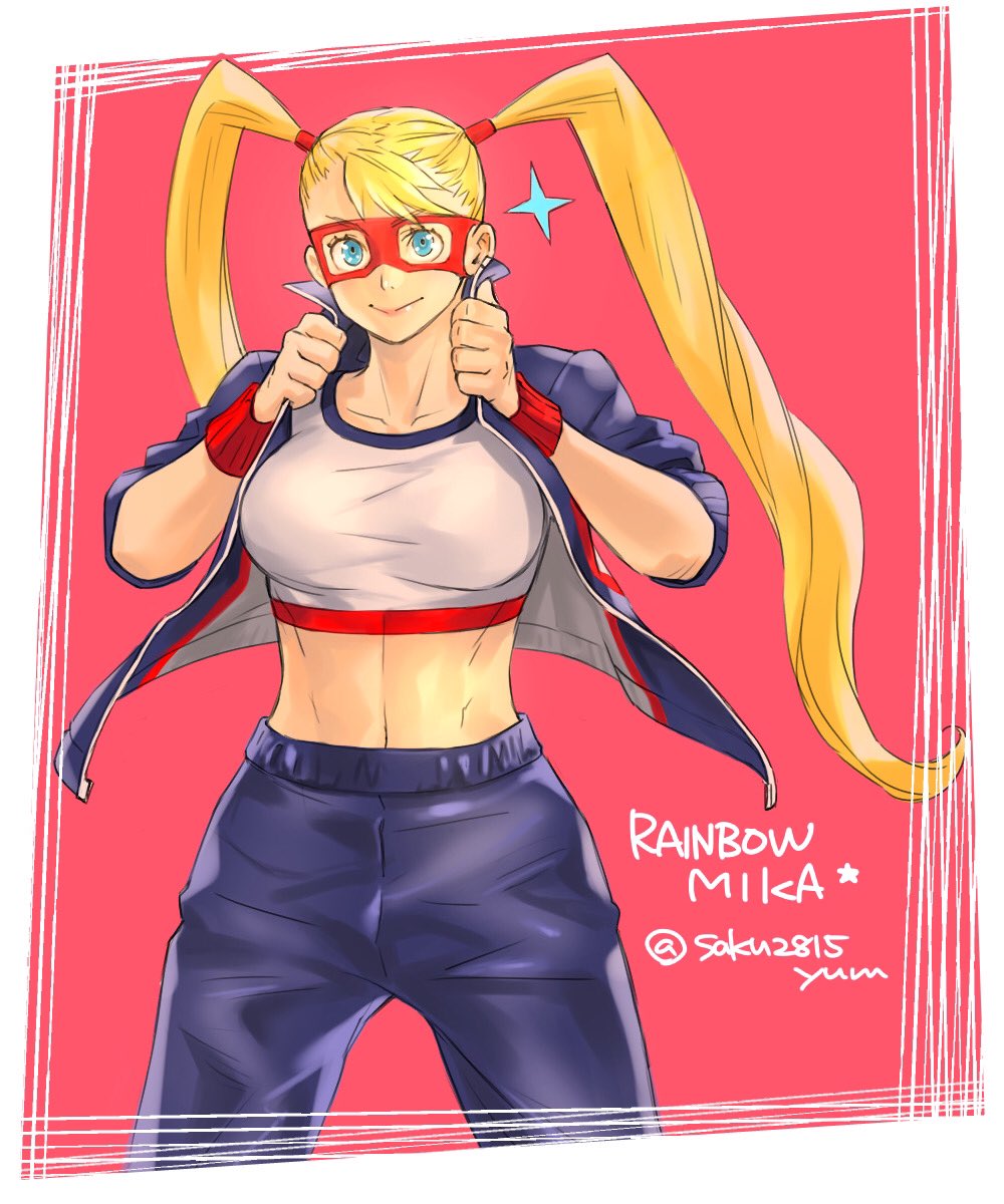 1girl alternate_costume blonde_hair blue_eyes breasts commentary highres jacket large_breasts midriff navel open_clothes open_jacket pants popped_collar rainbow_mika solo sports_bra street_fighter street_fighter_v tombsakura track_jacket track_pants twintails wrestling_mask wristband