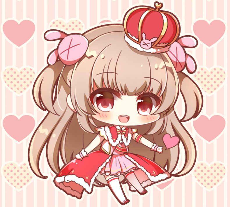 &gt;_&lt; 1girl :d bangs blush brown_hair bunny_hair_ornament capelet chibi commentary_request crown eyebrows_visible_through_hair full_body fur-trimmed_capelet fur-trimmed_headwear fur_trim gloves hair_ornament heart heart_background long_hair looking_at_viewer mini_crown natori_sana open_mouth outstretched_arm pink_shirt pink_skirt red_capelet red_eyes red_footwear round_teeth sana_channel shirt shoes skirt smile solo striped striped_background teeth thigh-highs tilted_headwear two_side_up upper_teeth vertical-striped_background vertical_stripes very_long_hair virtual_youtuber white_gloves white_legwear yukiyuki_441