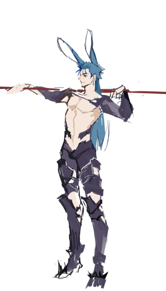 1boy animal_ears blue_hair cu_chulainn_(fate)_(all) english_commentary fate/stay_night fate_(series) final_fantasy final_fantasy_xiv full_body guttia igote lancer long_hair male_focus no_nipples polearm rabbit_ears shirtless simple_background solo viera weapon white_background