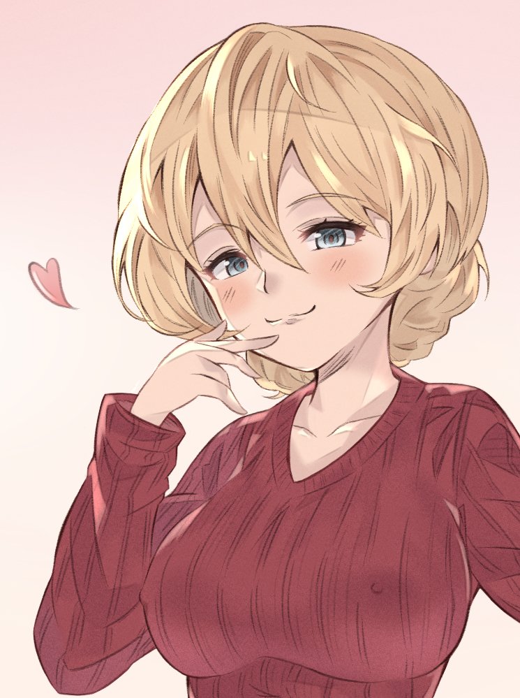1girl bad_id bad_twitter_id bangs blonde_hair blue_eyes blush braid breasts casual closed_mouth commentary covered_nipples darjeeling_(girls_und_panzer) eyebrows_visible_through_hair girls_und_panzer gradient gradient_background half-closed_eyes hand_to_own_mouth heart large_breasts long_sleeves looking_at_viewer pink_background red_sweater ribbed_sweater short_hair smile solo sweater tied_hair twin_braids upper_body v-neck