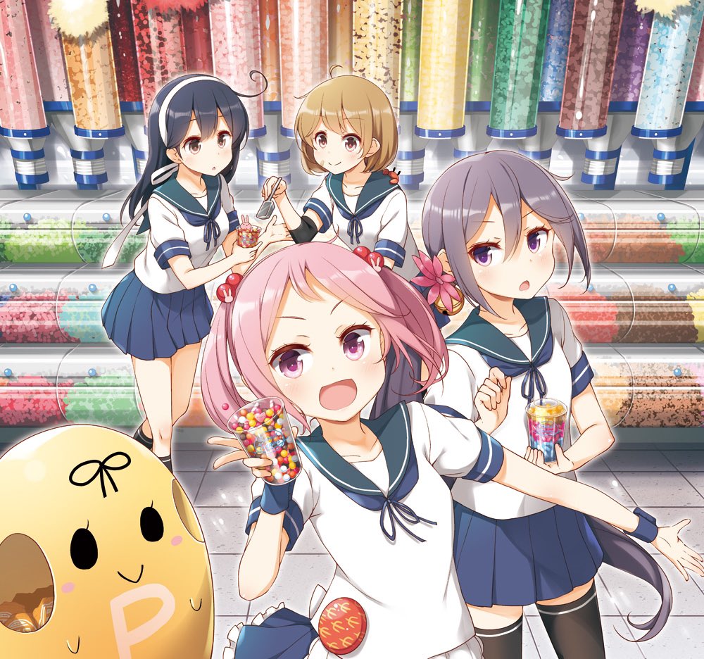 4girls :d ahoge akebono_(kantai_collection) animal_on_shoulder badge bandaid bandaid_on_face bell black_hair blue_sailor_collar blue_skirt brown_eyes brown_hair candy candy_store commentary_request crab cup flower food frilled_skirt frills glass hair_bell hair_bobbles hair_flower hair_ornament hairband headband jingle_bell kantai_collection long_hair multiple_girls oboro_(kantai_collection) open_mouth outstretched_arm pink_eyes pink_hair pleated_skirt puffy_short_sleeves puffy_sleeves purple_hair rabbit remodel_(kantai_collection) sailor_collar sazanami_(kantai_collection) school_uniform serafuku shop short_hair short_sleeves side_ponytail skirt smile thigh-highs tile_floor tiles twintails ushio_(kantai_collection) very_long_hair violet_eyes white_hairband wristband yume_no_owari zettai_ryouiki