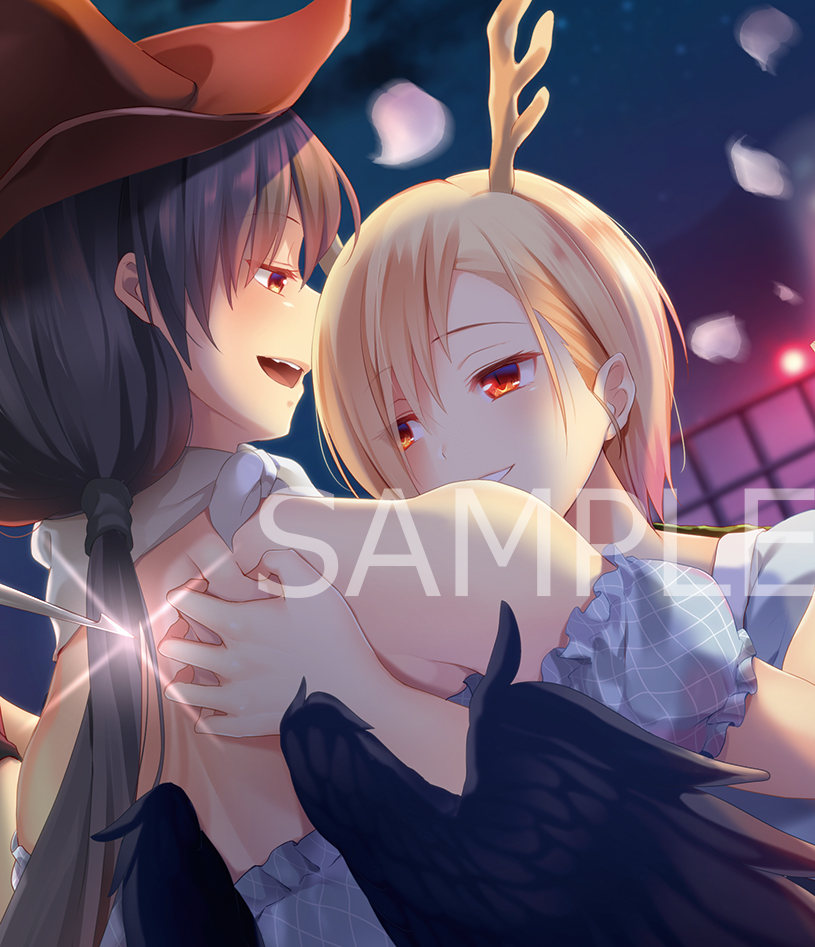 2girls :d bandana bangs bare_shoulders black_hair black_wings blonde_hair blue_shirt blush brown_headwear commentary_request cowboy_hat dragon_horns dutch_angle eyebrows_visible_through_hair feathered_wings glint grin hair_between_eyes hat horns kicchou_yachie knife kurokoma_saki long_hair looking_at_another low_ponytail multiple_girls nnyara off-shoulder_shirt off_shoulder open_mouth petals profile puffy_short_sleeves puffy_sleeves red_eyes sample shirt short_hair short_sleeves smile touhou watermark wings