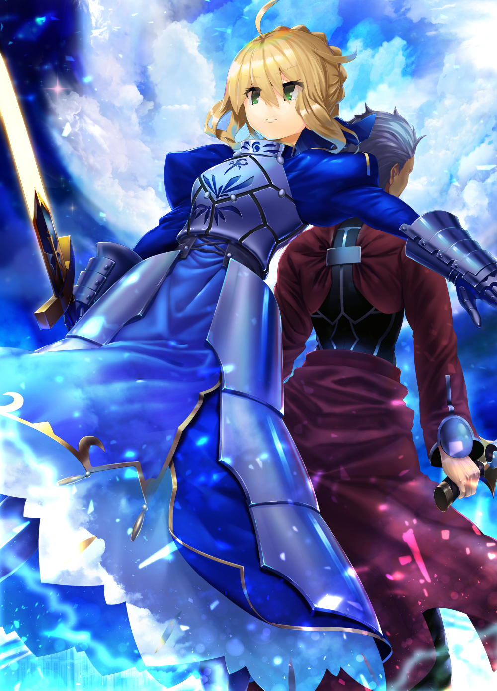 1boy 1girl ahoge archer armor armored_dress artoria_pendragon_(all) back-to-back bangs blonde_hair blue_dress blue_sky braid breastplate clouds cloudy_sky commentary_request dark_skin dark_skinned_male dress dutch_angle excalibur eyebrows_visible_through_hair facing_away fate/stay_night fate_(series) gauntlets glowing glowing_sword glowing_weapon green_eyes grey_hair hair_between_eyes highres holding holding_sword holding_weapon jacket juliet_sleeves kanshou_&amp;_bakuya long_sleeves looking_away o_(rakkasei) outdoors outstretched_arm puffy_sleeves red_jacket saber sidelocks sky sparkle sword weapon