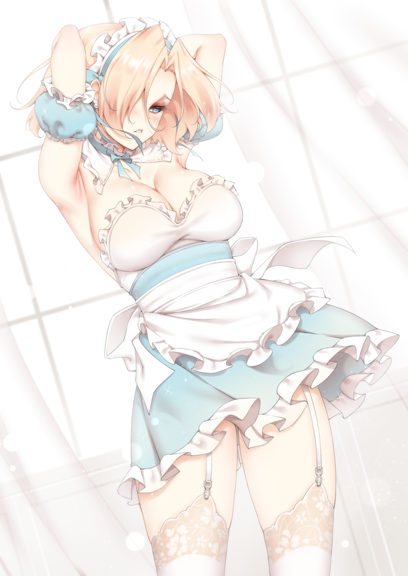1girl apron armpits arms_up blonde_hair blue_eyes breasts detached_collar dutch_angle frills garter_straps kinhasu large_breasts maid maid_headdress original pale_skin parted_lips short_hair solo standing thigh-highs underwear white_legwear