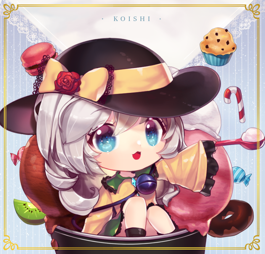 1girl black_headwear blue_eyes border bow candy candy_cane chibi chocolate_doughnut doughnut flower food frilled_sleeves frills green_hair hat hat_bow hat_flower ice_cream komeiji_koishi long_sleeves macaron medium_hair muffin orchid_(pixiv3730518) oversized_object solo third_eye touhou wide_sleeves