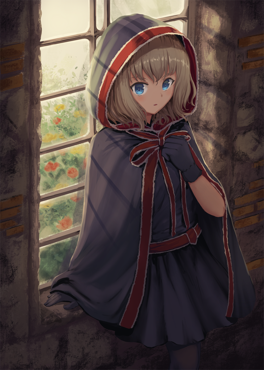 1girl adapted_costume alice_margatroid bangs black_legwear blonde_hair blue_eyes cape cowboy_shot dress gloves grey_cape grey_dress grey_gloves hand_on_own_chest hand_up highres hood hooded_cape indoors neck_ribbon ookashippo pantyhose parted_lips pleated_dress red_neckwear red_ribbon red_sash ribbon sash shadow short_dress short_hair solo standing stone_wall touhou wall window