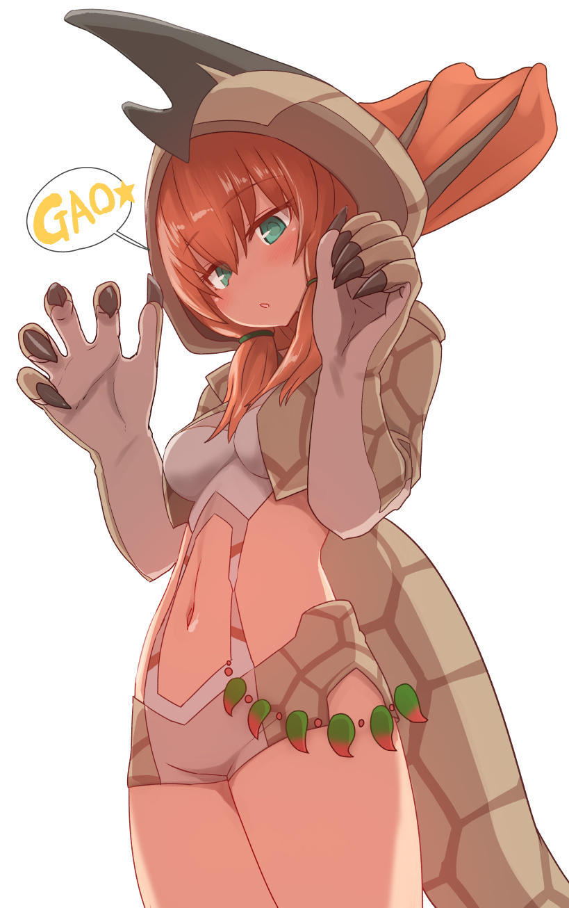 1girl aguila bangs blush breasts claw_pose claws covered_navel cowboy_shot eyebrows_visible_through_hair gao green_eyes hair_tie hands_up highres hood hood_up horn impossible_clothes looking_at_viewer low_ponytail medium_breasts medium_hair navel_cutout no_nose parted_lips paws short_shorts shorts side_cutout simple_background solo speech_bubble star sumiyao_(amam) tail ultra_kaijuu_gijinka_keikaku ultra_series white_background