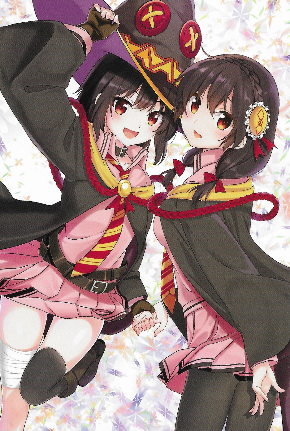 2girls boots collar gloves highres holding_hands kono_subarashii_sekai_ni_bakuen_wo! kono_subarashii_sekai_ni_shukufuku_wo! large_hat looking_at_viewer megumin multiple_girls necktie official_art open_mouth pantyhose red_eyes school_uniform short_hair skirt twintails yunyun_(konosuba)