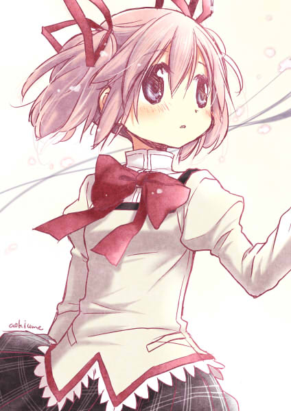 1girl aoki_ume arm_at_side arm_up artist_name blush breasts commentary_request dot_nose expressionless eyebrows_visible_through_hair floating_hair hair_between_eyes hair_ribbon high_collar juliet_sleeves kaname_madoka light_particles long_sleeves looking_away looking_up mahou_shoujo_madoka_magica mitakihara_school_uniform neck_ribbon official_art parted_lips pink_hair plaid plaid_skirt pleated_skirt puffy_sleeves red_ribbon ribbon school_uniform shaded_face short_twintails simple_background skirt small_breasts solo twintails uniform upper_body violet_eyes white_background