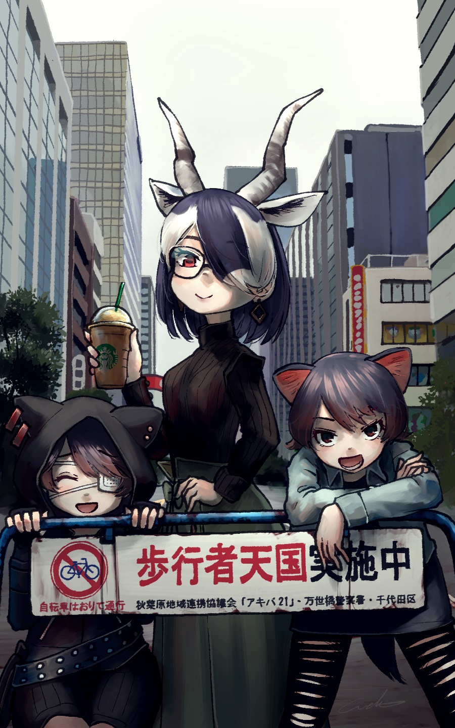 3girls :d ^_^ alternate_costume animal_ear_fluff animal_ears animal_hood antelope_ears antelope_horns australian_devil_(kemono_friends) belt black_hair blackbuck_(kemono_friends) brown_eyes casual city closed_eyes commentary cup day disposable_cup earrings extra_ears eyebrows_visible_through_hair eyepatch facing_viewer hair_over_one_eye hand_on_hip highres hood hood_up horizontal_pupils horns jewelry kemono_friends legs_apart long_skirt long_sleeves looking_at_viewer medical_eyepatch multicolored_hair multiple_girls open_mouth red_eyes short_hair sign skirt smile starbucks tasmanian_devil_(kemono_friends) tasmanian_devil_ears turtleneck two-tone_hair welt_(kinsei_koutenkyoku) white_hair