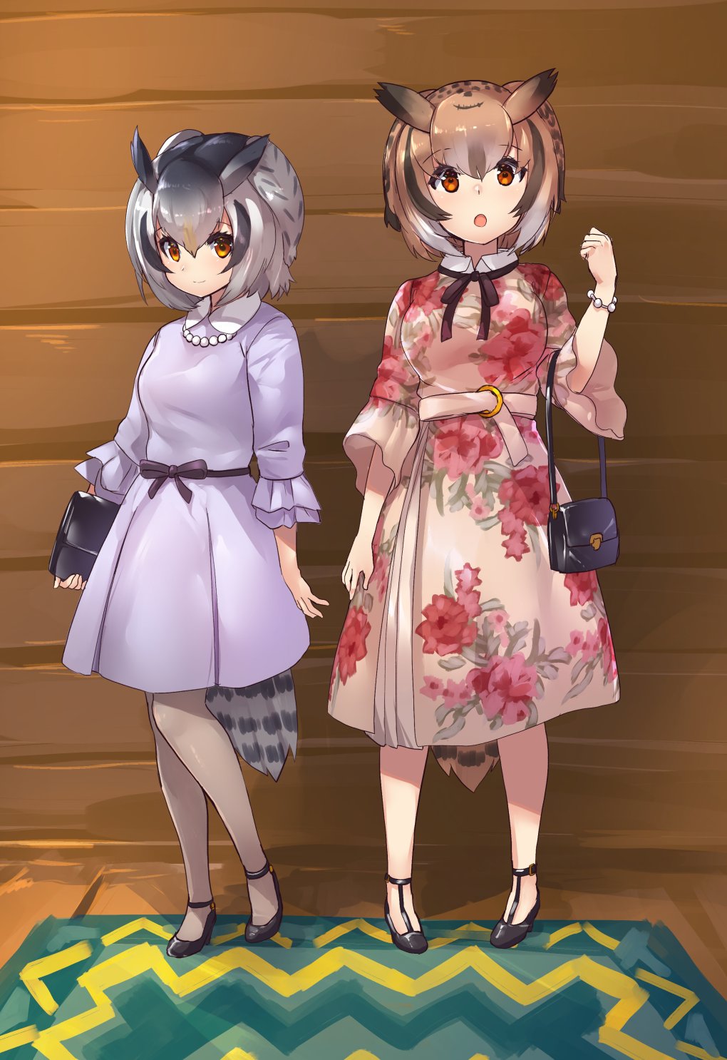 2girls :o alternate_costume bag belt belt_bow black_neckwear blonde_hair bow bowtie bracelet brown_eyes brown_hair casual collared_dress commentary_request dress eurasian_eagle_owl_(kemono_friends) eyebrows_visible_through_hair floral_print frilled_sleeves frills grey_dress grey_hair hair_between_eyes handbag high_heels highres jewelry kemono_friends kemono_friends_3 multicolored_hair multiple_girls necklace northern_white-faced_owl_(kemono_friends) pantyhose pearl_necklace short_hair short_sleeves tadano_magu white_hair white_legwear yellow_eyes