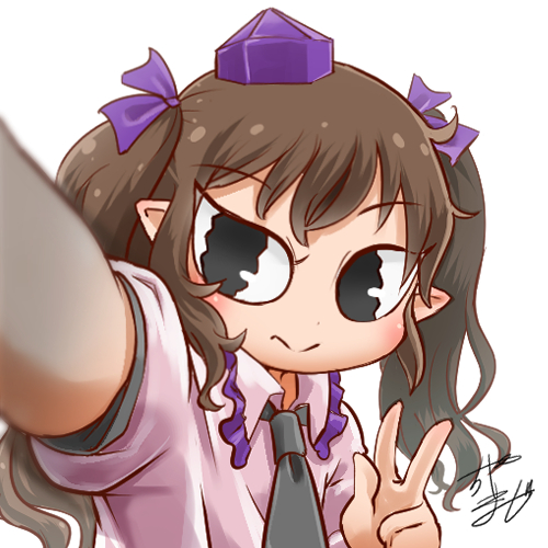 1girl avatar_icon blue_headwear bow brown_hair chamaji commentary_request eyebrows_visible_through_hair frilled_shirt_collar frills hair_bow hair_ribbon hat himekaidou_hatate looking_at_viewer lowres necktie partial_commentary pointy_ears ribbon self_shot shirt short_sleeves sidelocks signature solo tengu tokin_hat touhou twintails v white_background white_shirt