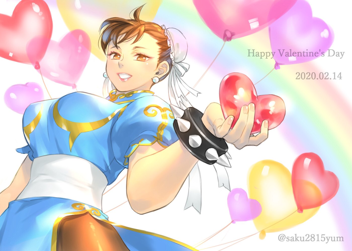 1girl 2020 blue_dress bracelet breasts brown_eyes brown_hair brown_legwear bun_cover china_dress chinese_clothes chun-li commentary double_bun dress earrings happy_valentine heart_balloon jewelry large_breasts lipstick looking_at_viewer makeup pantyhose pelvic_curtain puffy_short_sleeves puffy_sleeves sash short_sleeves side_slit smile solo spiked_bracelet spikes street_fighter street_fighter_ii_(series) symbol_commentary tombsakura twitter_username