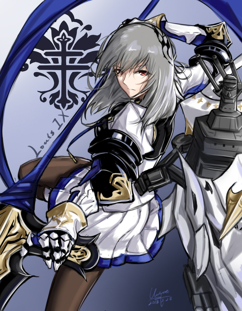 1girl azur_lane blue_ribbon breastplate breasts corset cowboy_shot diamond_(shape) eyebrows_visible_through_hair fleur_de_lis gauntlets grey_hair hair_ornament holding holding_polearm holding_spear holding_weapon left-handed looking_at_viewer medium_breasts medium_hair pleated_skirt polearm red_eyes ribbon saint-louis_(azur_lane) simple_background skirt spear unique_(pixiv12704744) unitard weapon white_corset white_skirt