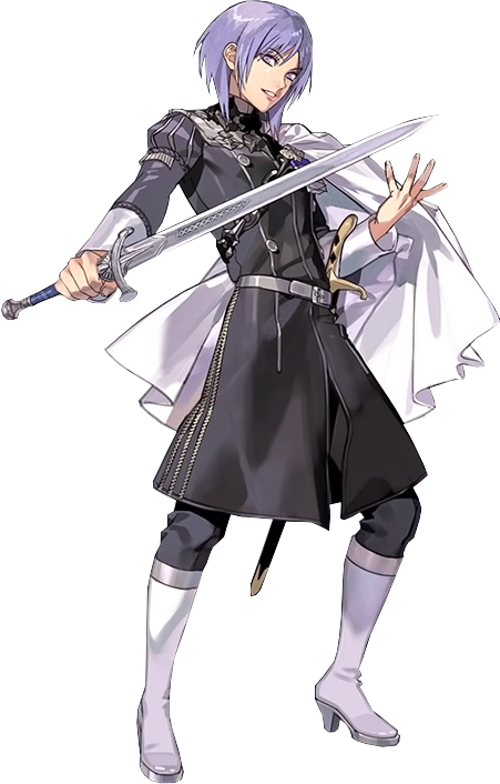 1boy belt boots cape epaulettes fire_emblem fire_emblem:_three_houses full_body garreg_mach_monastery_uniform high_heel_boots high_heels kurahana_chinatsu long_hair official_art purple_hair solo sword teeth transparent_background violet_eyes weapon yuri_(fire_emblem)