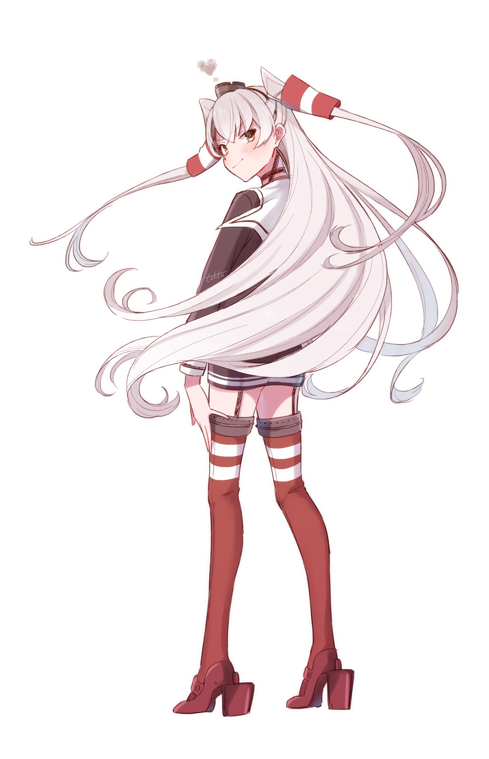 1girl amatsukaze_(kantai_collection) blush brown_dress brown_eyes dress from_behind full_body garter_straps hair_tubes heart high_heels highres kantai_collection long_hair looking_at_viewer looking_back red_footwear red_legwear rudder_footwear sailor_dress short_dress silver_hair simple_background solo striped striped_legwear thigh-highs totto_(naka) two_side_up white_background windsock