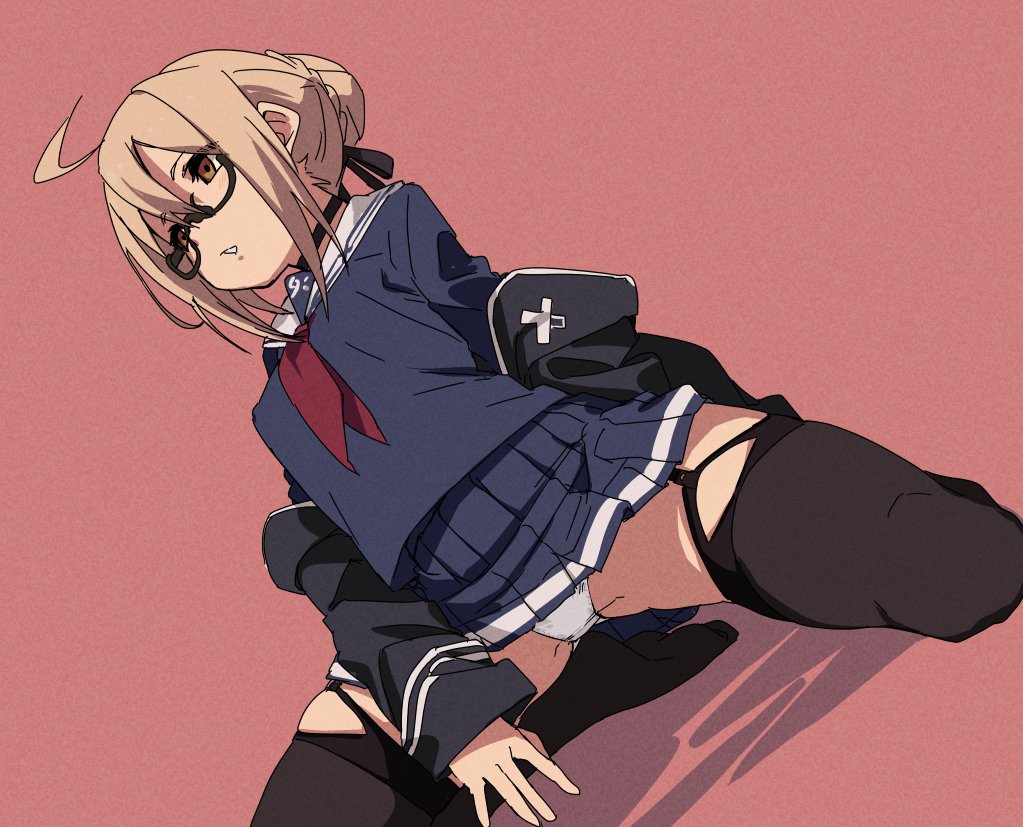 1girl ahoge artoria_pendragon_(all) black_choker black_legwear black_ribbon blonde_hair blue_skirt braid choker dutch_angle fate/grand_order fate_(series) french_braid fu-ta garter_straps groin_tendon hair_ribbon kneeling looking_away mysterious_heroine_x_(alter) off_shoulder panties pantyshot pantyshot_(kneeling) ribbon school_uniform semi-rimless_eyewear serafuku skirt sleeves_past_wrists solo thigh-highs thighs under-rim_eyewear underwear white_panties yellow_eyes