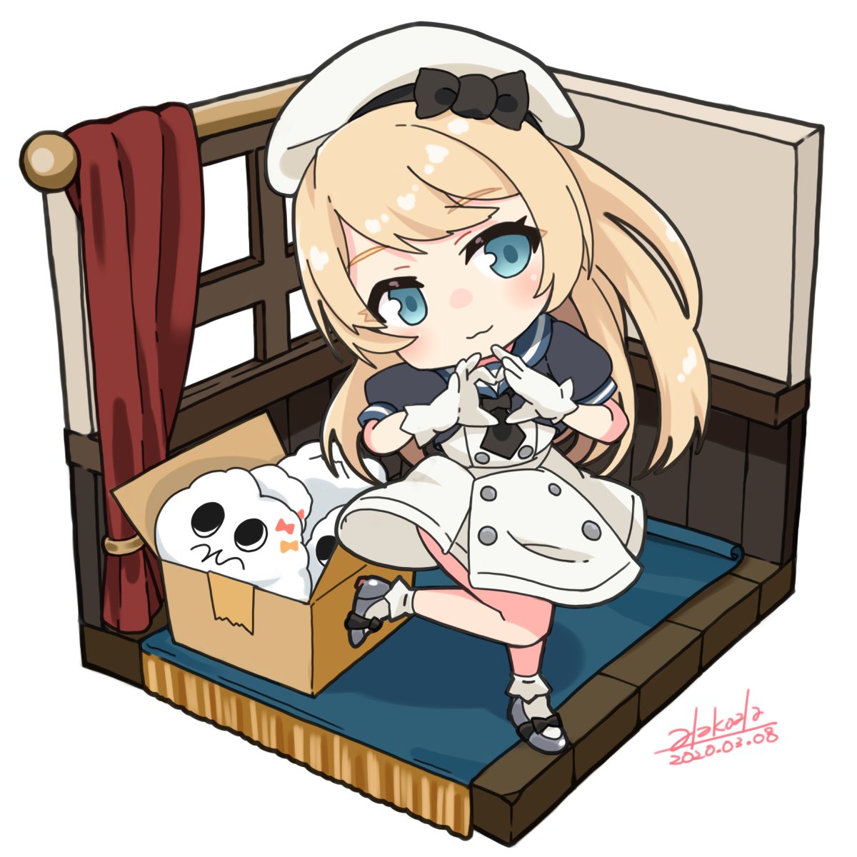 1girl alakoala bangs blonde_hair blue_eyes blue_sailor_collar box cardboard_box chibi curtains dated dress eyebrows_visible_through_hair gloves hat heart heart_hands highres jervis_(kantai_collection) kantai_collection long_hair miss_cloud sailor_collar sailor_dress short_sleeves signature simple_background smile solo white_background white_dress white_gloves white_headwear window
