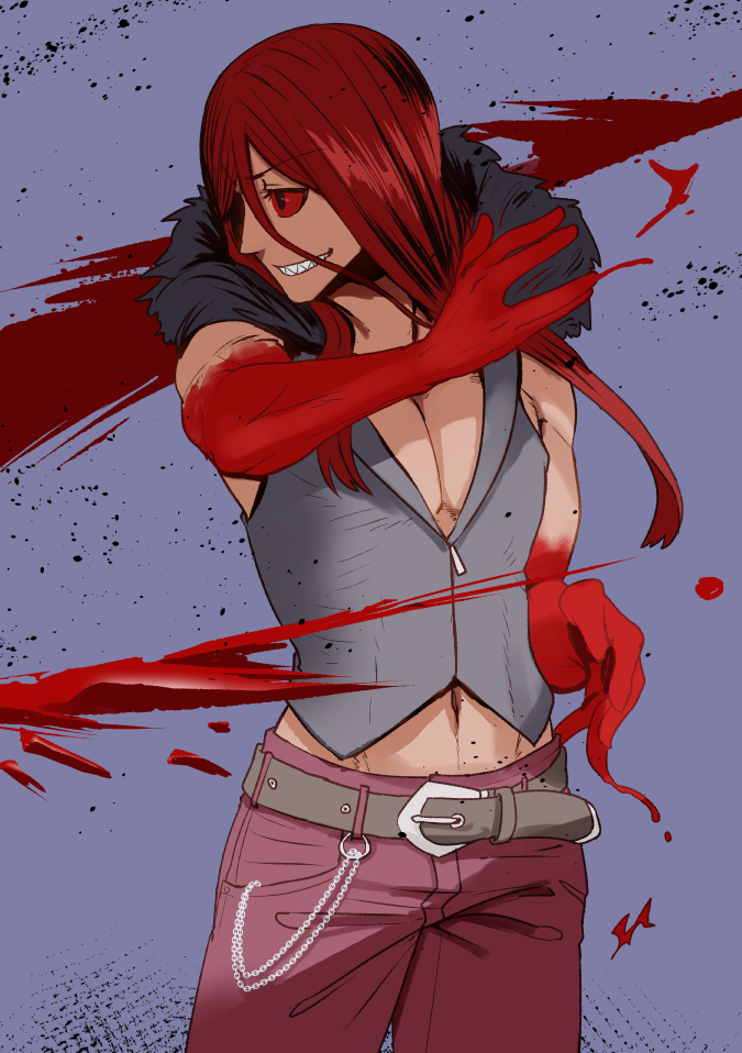 1boy :d belt black_eyes blood blood_splatter bloody_hands blue_background carmine chain commentary cowboy_shot eyebrows_visible_through_hair fur_trim grey_jacket grin jacket looking_away looking_to_the_side male_focus muscle navel no_shirt open_mouth pants pink_pants red_sclera redhead sharp_teeth smile solo standing sumiyao_(amam) teeth translated under_night_in-birth v-shaped_eyebrows