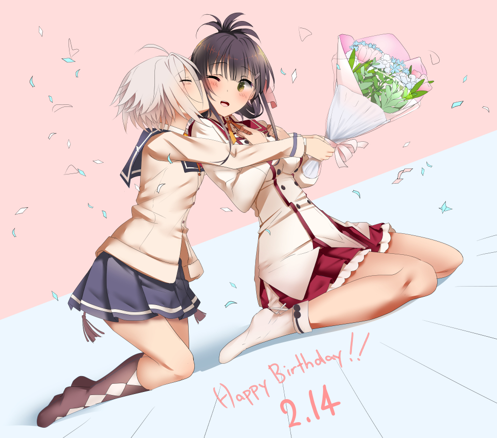 2girls 80mph ahoge argyle_socks arms_around_neck black_hair blush bouquet closed_eyes confetti dutch_angle eyebrows_visible_through_hair flower folded_ponytail green_eyes hair_ornament hair_ribbon hairclip hands_on_own_chest happy_birthday itomi_sayaka kiss kneeling minoseki_gakuin_uniform multiple_girls one_eye_closed open_mouth renpu_girls_school_uniform ribbon school_uniform simple_background sitting socks toji_no_miko wariza white_hair yanase_mai yuri