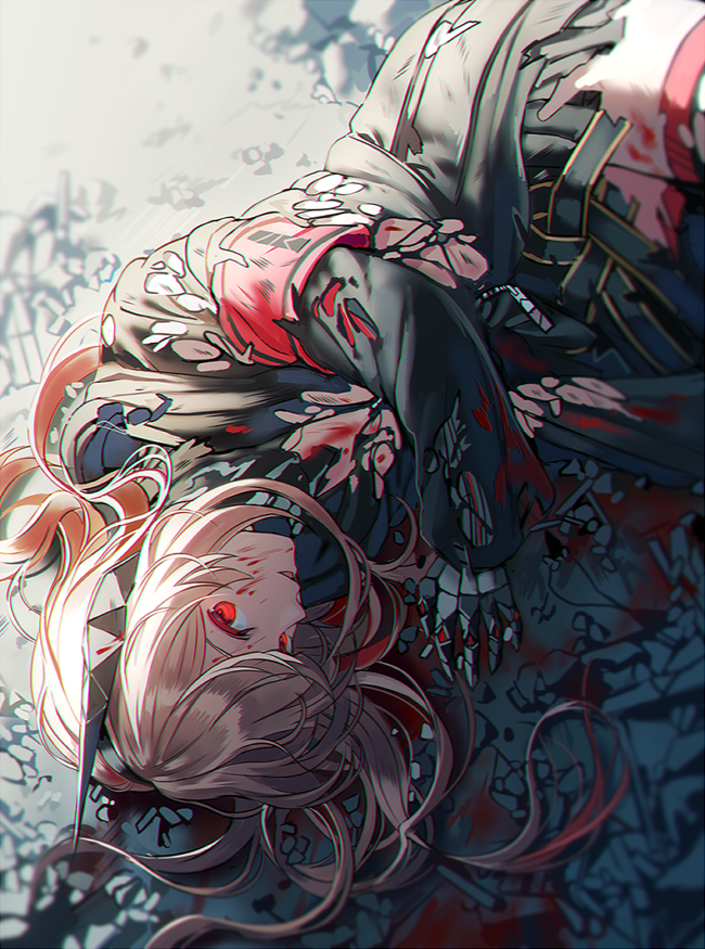 1girl armband bangs black_jacket blonde_hair blood blood_on_face blood_splatter bloody_clothes debris girls_frontline hairband headgear jacket long_hair long_sleeves looking_at_viewer lying m4_sopmod_ii_(girls_frontline) on_side prosthesis prosthetic_arm red_eyes rubble silence_girl solo torn_clothes