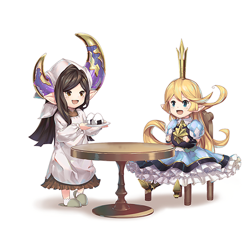 2girls :d ankle_socks apron armored_boots arulumaya asymmetrical_horns bangs black_hair blonde_hair blue_dress blue_eyes blush boots brown_eyes chair charlotta_fenia commentary_request crown dress food granblue_fantasy grey_footwear harvin head_scarf holding holding_plate horns kappougi long_hair lowres mini_crown multiple_girls o_(rakkasei) on_chair onigiri open_mouth parted_bangs plate pointy_ears puffy_short_sleeves puffy_sleeves shadow shoe_soles short_sleeves sitting slippers smile table very_long_hair white_apron white_background white_legwear